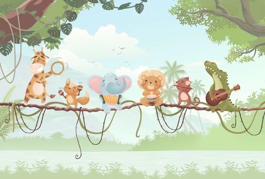 fototapeter Dyr med musikkinstrumenter mot en tropisk bakgrunn w04505