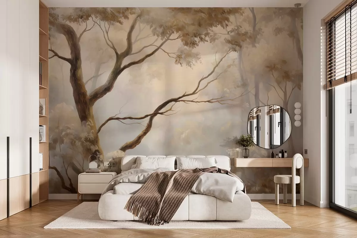 fototapeter Skogen i den lette morgendisen. Et delikat, stemningsfullt maleri i stil med et kunstnerisk landskap. w04817