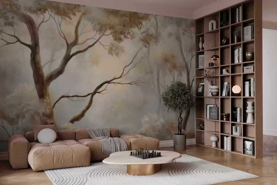 fototapeter Skogen i den lette morgendisen. Et delikat, stemningsfullt maleri i stil med et kunstnerisk landskap w04817