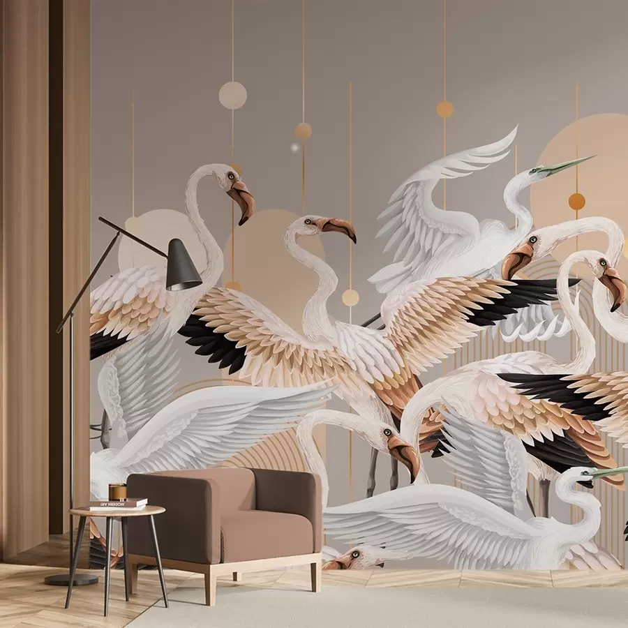 fototapeter En flokk hvite flamingoer med delikate vinger, mot en nøytral bakgrunn med gule linjer og sirkler w09546v1