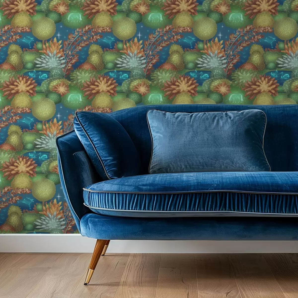 Bakgrunn Eventyrlig nattlig hage med en innsjø og lysende dyr a00851