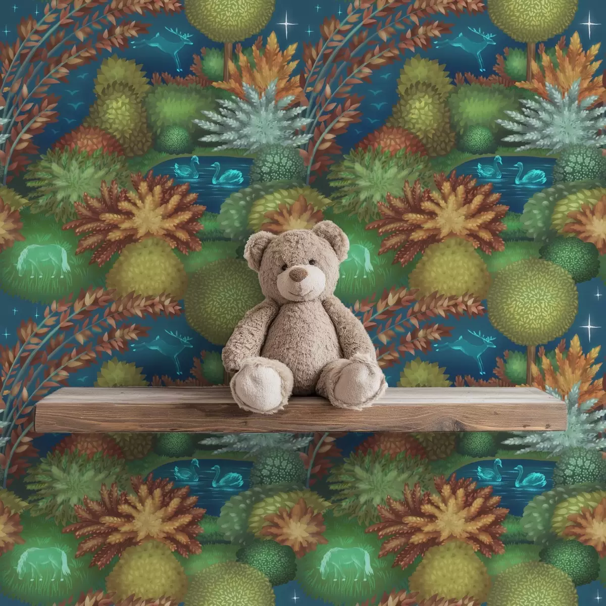 Bakgrunn Eventyrlig nattlig hage med en innsjø og lysende dyr a00851