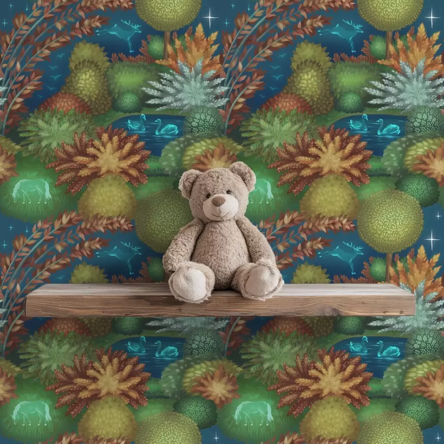 fototapeter Eventyrlig nattlig hage med en innsjø og lysende dyr a00851