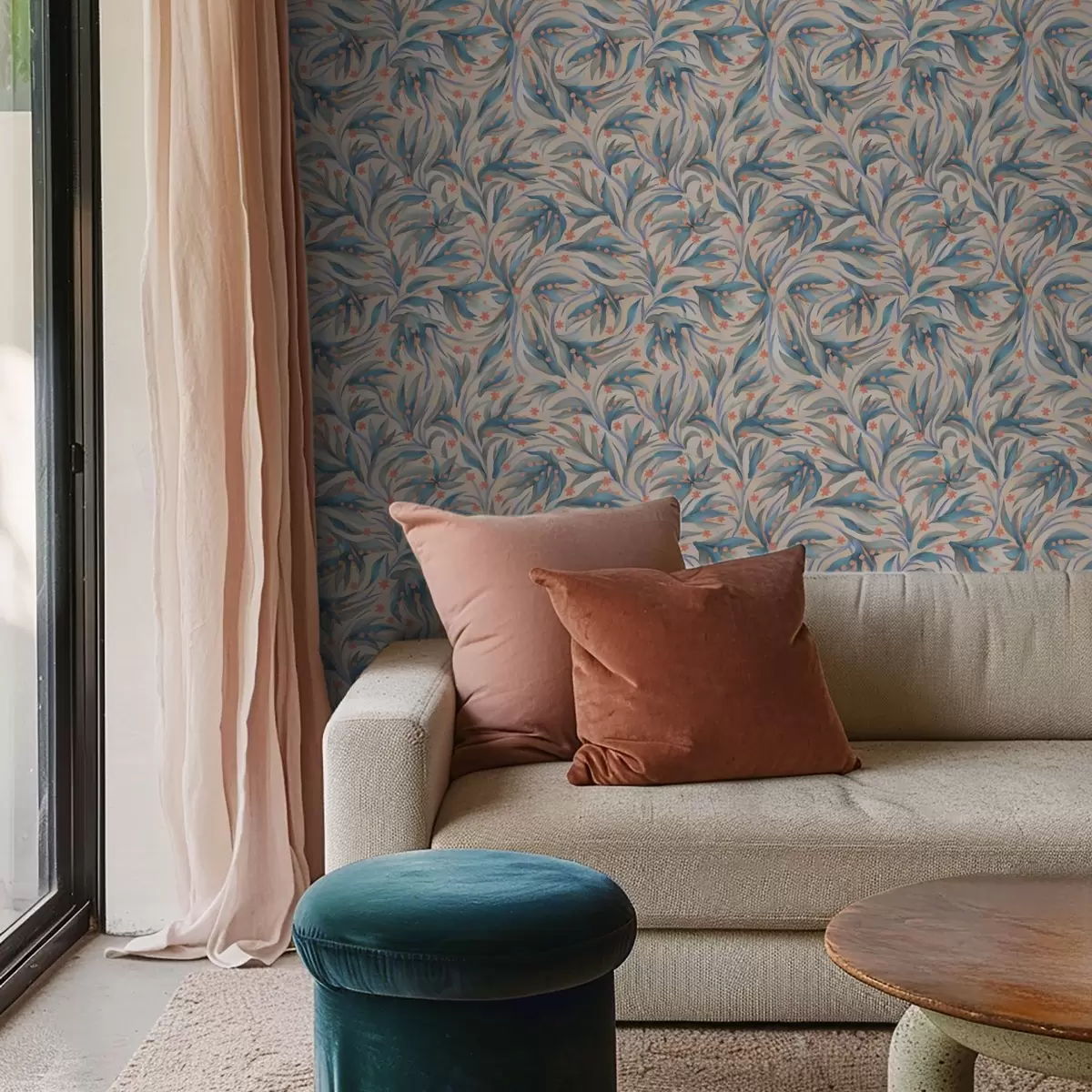 Bakgrunn Abstrakt blått løvverk med korallblomster a00852