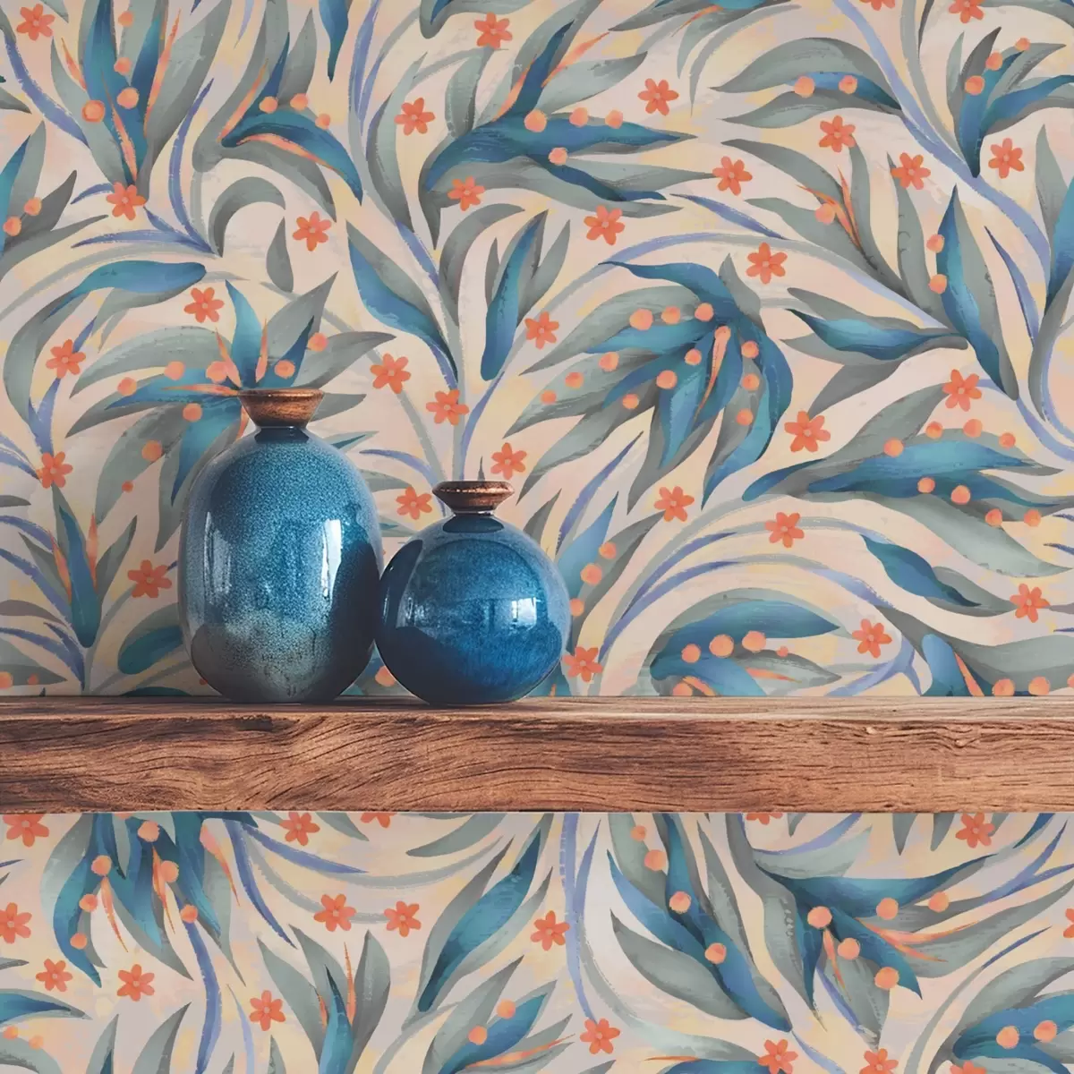 Bakgrunn Abstrakt blått løvverk med korallblomster a00852