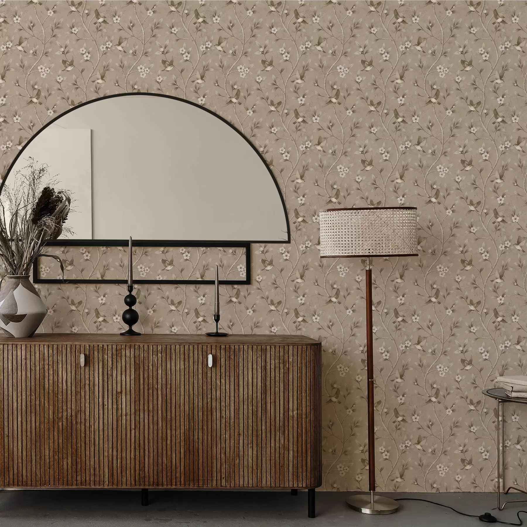 fototapeter Fugler og blomstrende grener i varme sepiafarger a00882