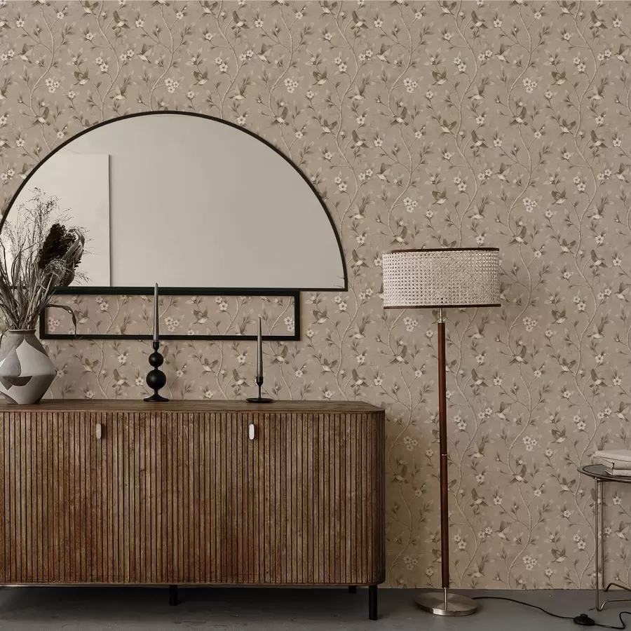 fototapeter Fugler og blomstrende grener i varme sepiafarger a00882