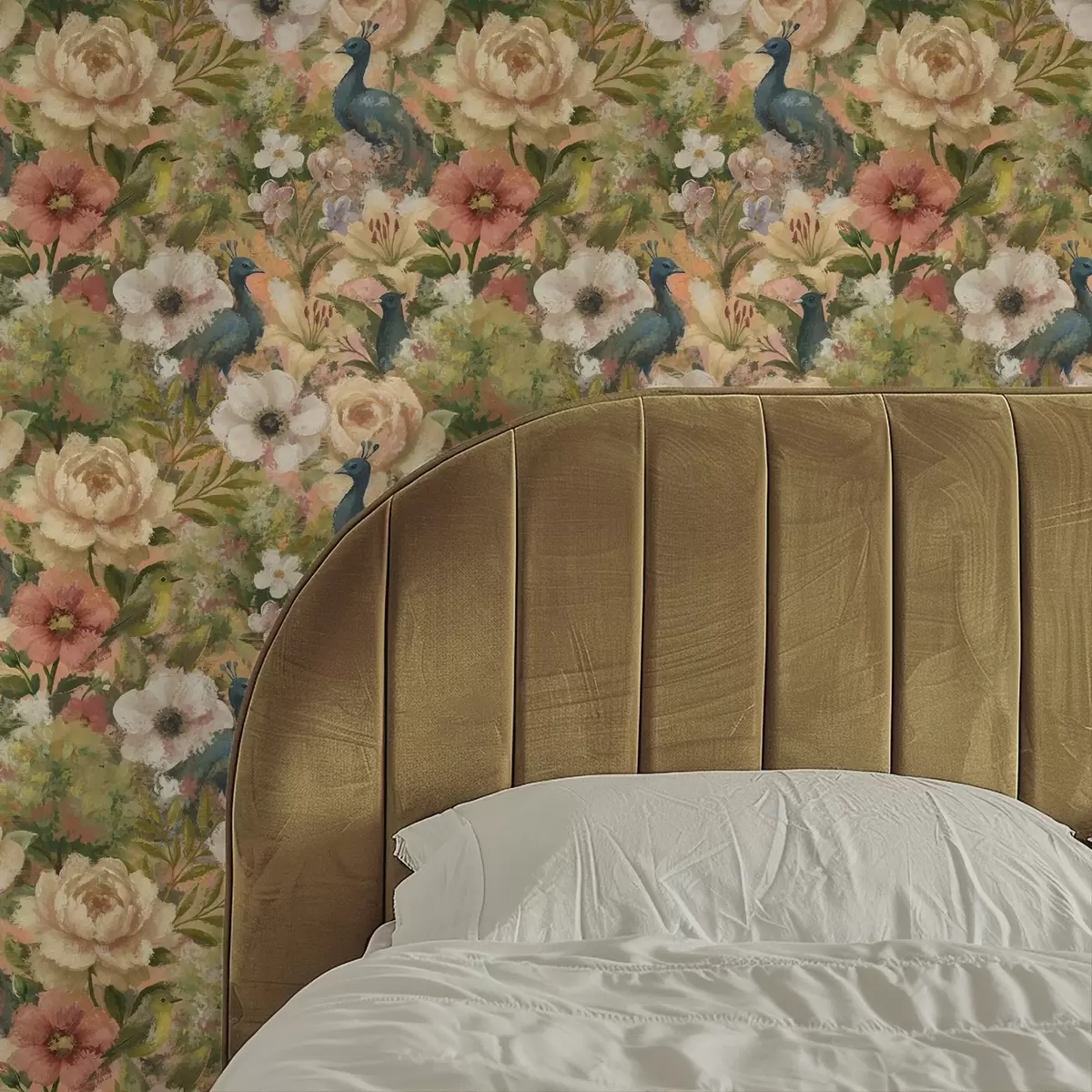 Bakgrunn Malerisk hage med påfugler og store blomster a00885