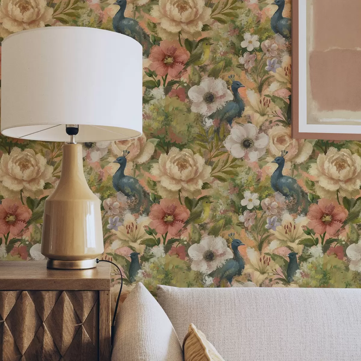 Bakgrunn Malerisk hage med påfugler og store blomster a00885