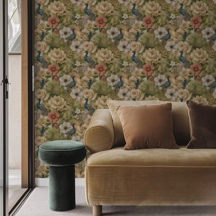 fototapeter Malerisk hage med påfugler og store blomster a00885