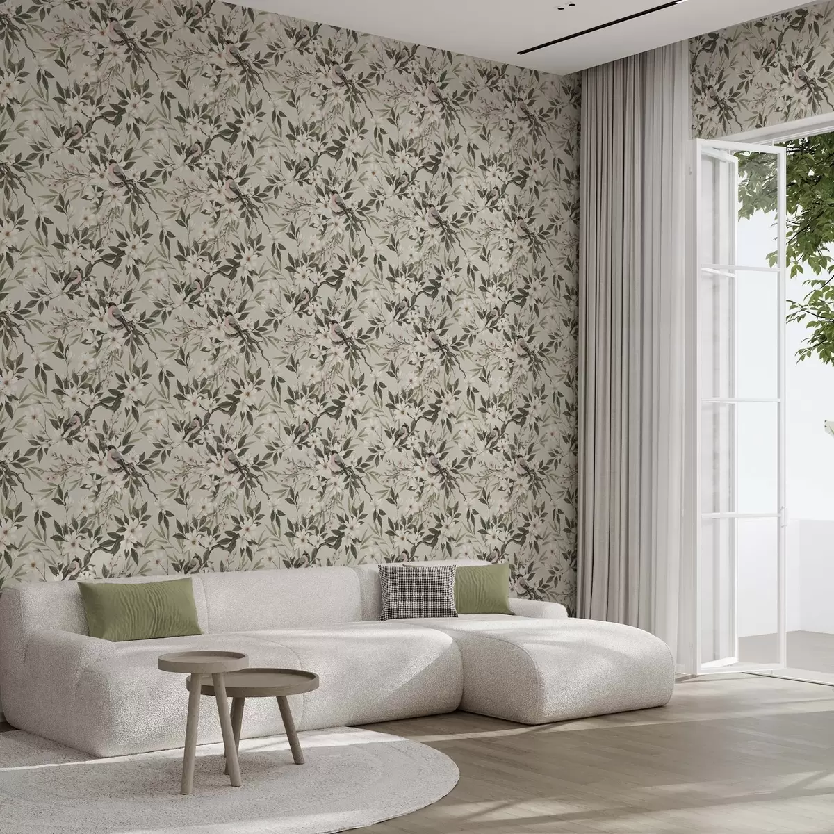 Bakgrunn Dompap med hvite bryst på grener med kremfargede blomster a00889