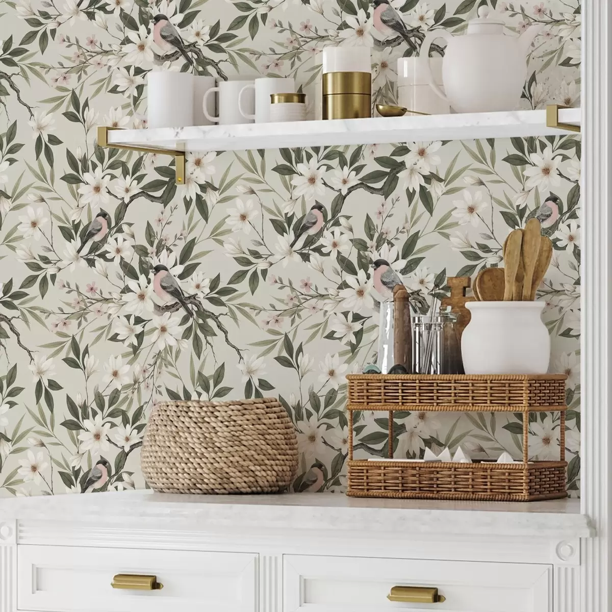 Bakgrunn Dompap med hvite bryst på grener med kremfargede blomster a00889