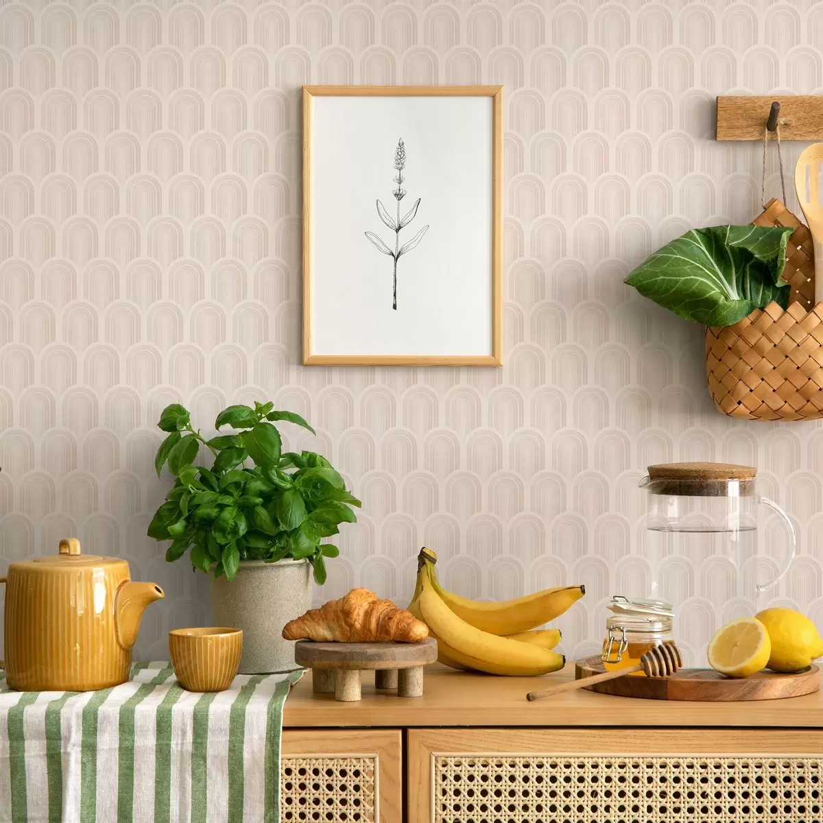 Bakgrunn Rad med bueformer i myke beige striper, retro-stemning a00923