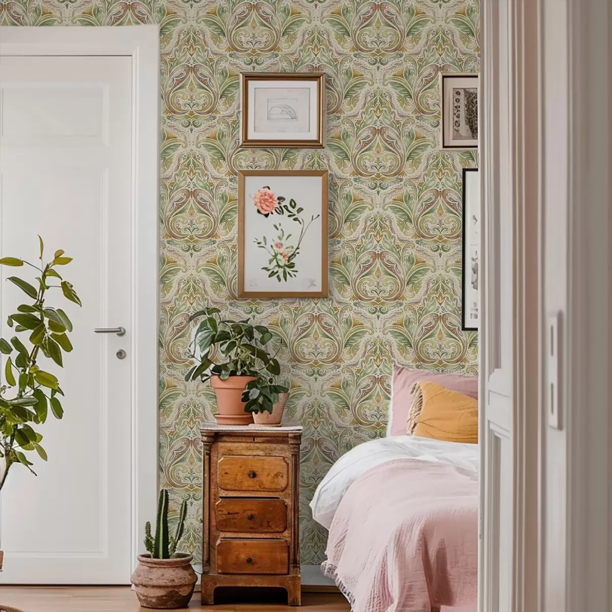 Bakgrunn Akvarellmalte bladformede virvler i grønne og varme okertoner a00927