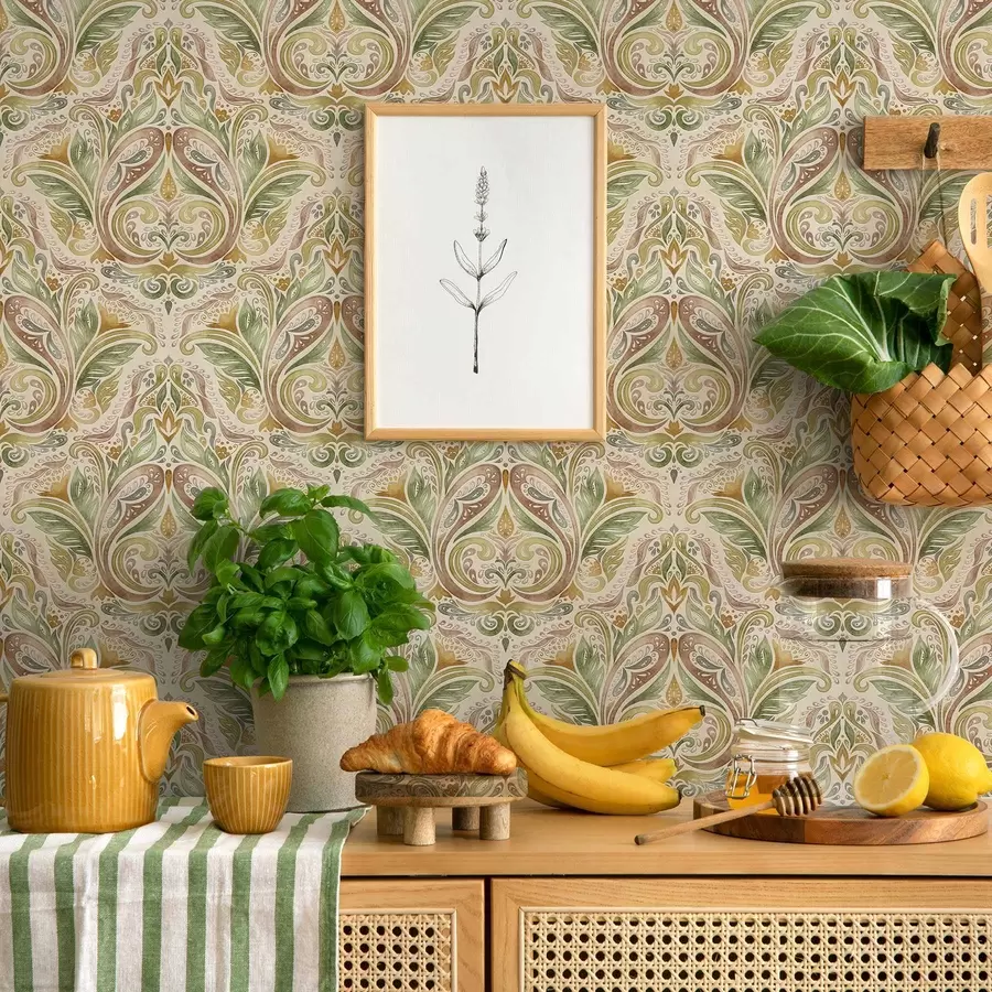 fototapeter Akvarellmalte bladformede virvler i grønne og varme okertoner a00927