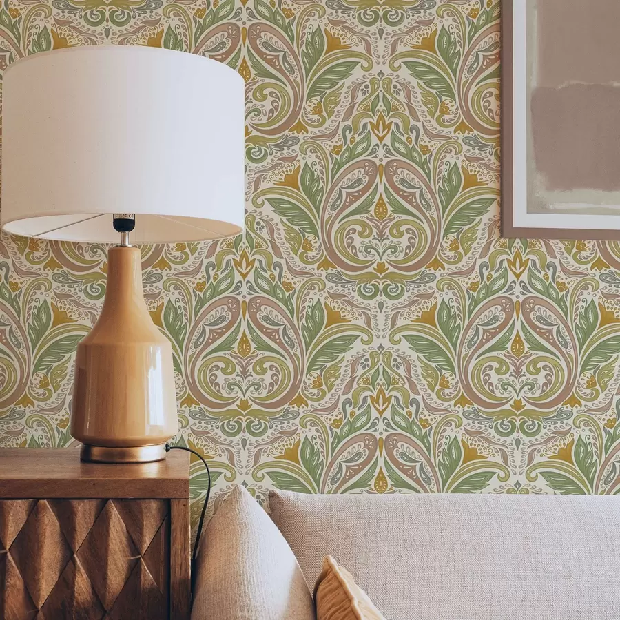 fototapeter Dekorative bladformede virvler i grønne og terrakottafarger a00927v1