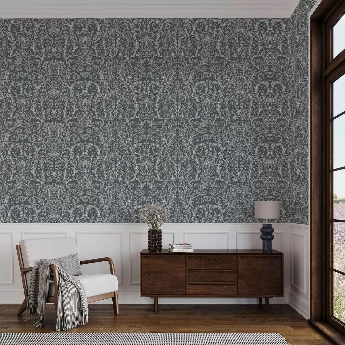 Bakgrunn Lineært blomsterornament på blågrå bakgrunn a00929v1