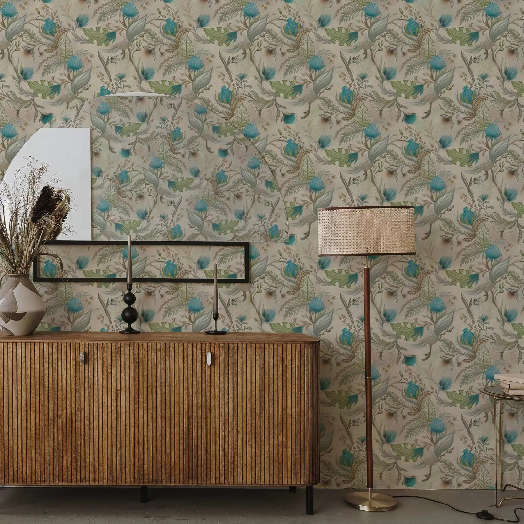 fototapeter Blå knopper og blader på en lys beige bakgrunn a00930