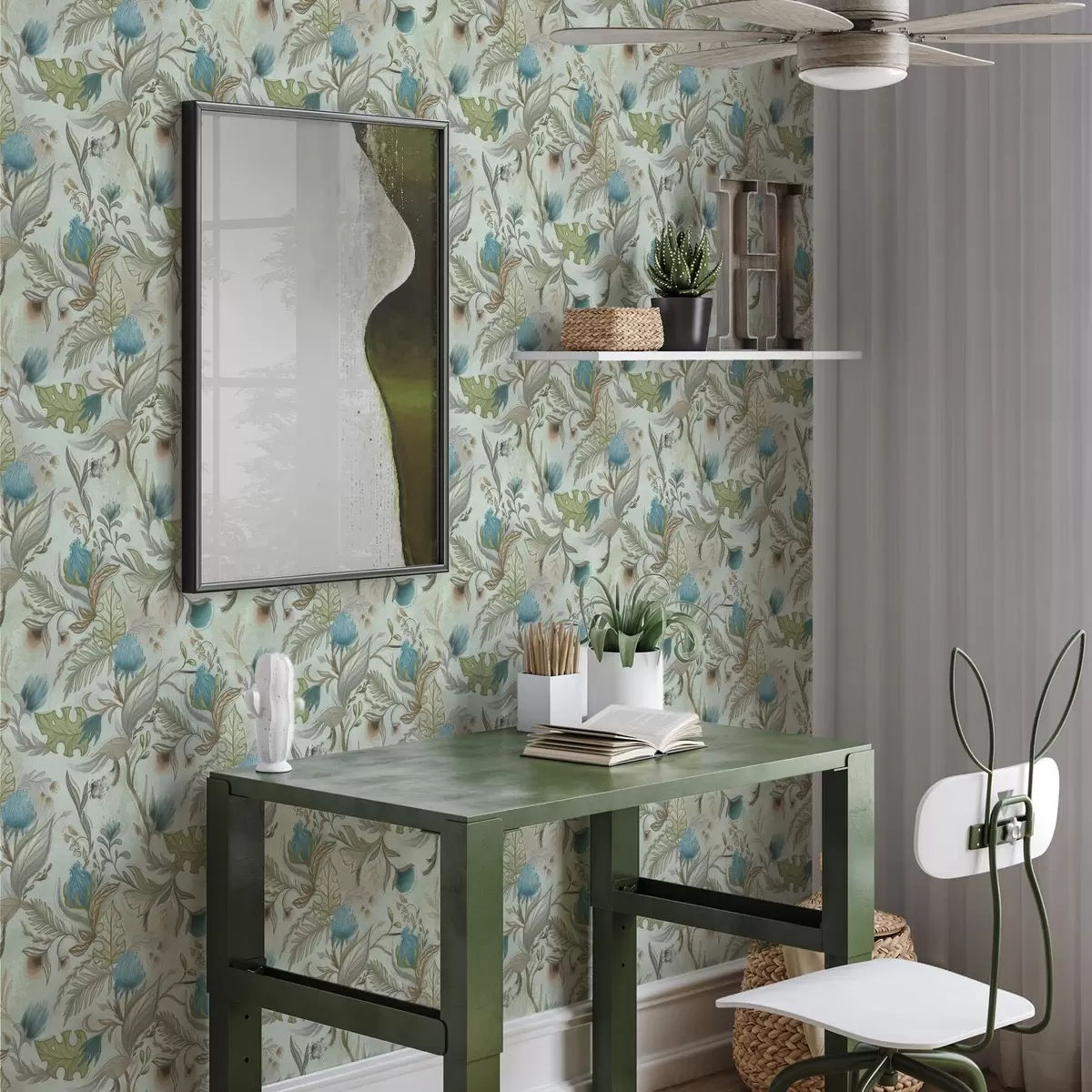 Bakgrunn Blå blomster og grønt på en myk mintbakgrunn a00930v1