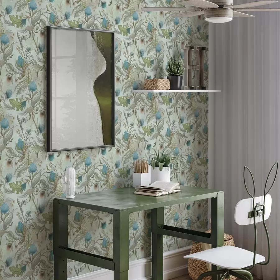 fototapeter Blå blomster og grønt på en myk mintbakgrunn a00930v1