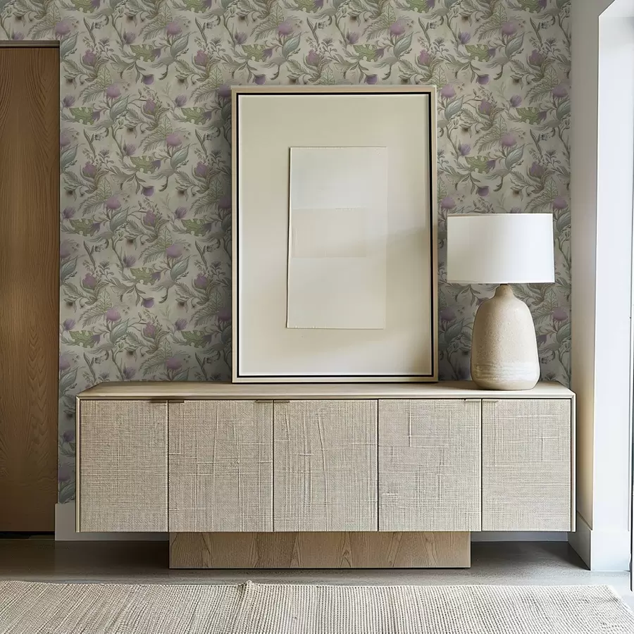 fototapeter Lilla knopper og mykt grønt på kremfarget bakgrunn a00930v2