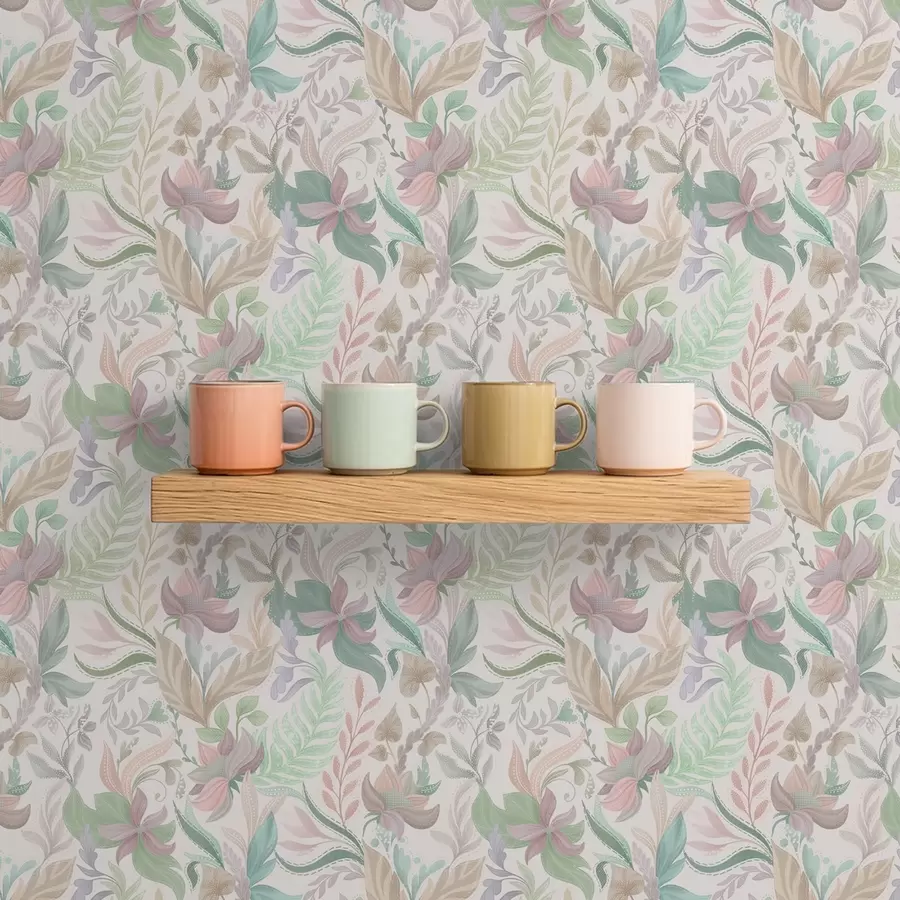 fototapeter Delikate pastellfargede blomster og blader på lys bakgrunn a00931