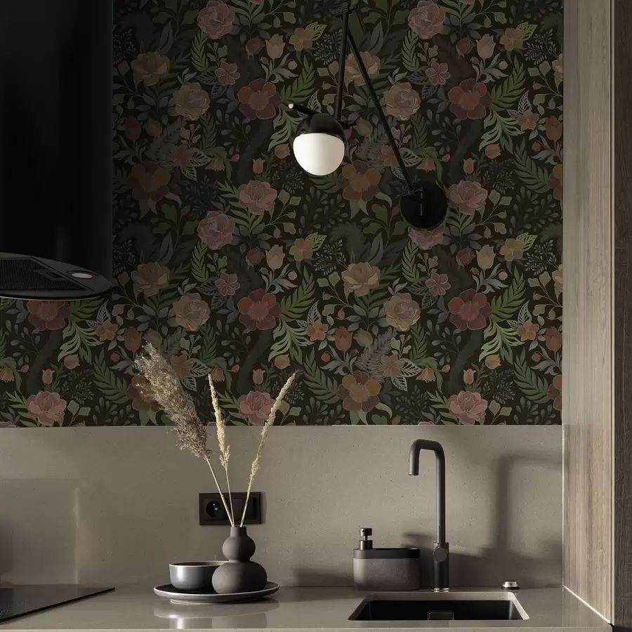 fototapeter Rike blomster og grønt på en dyp, mørk bakgrunn a00932