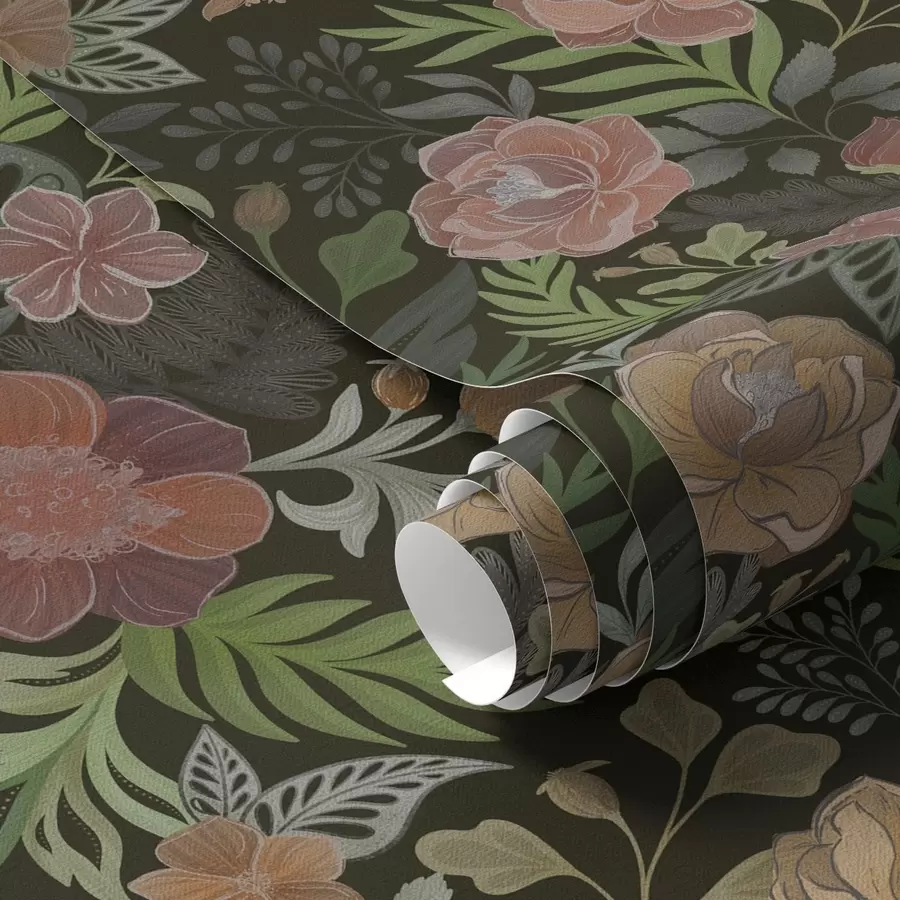 fototapeter Rike blomster og grønt på en dyp, mørk bakgrunn a00932