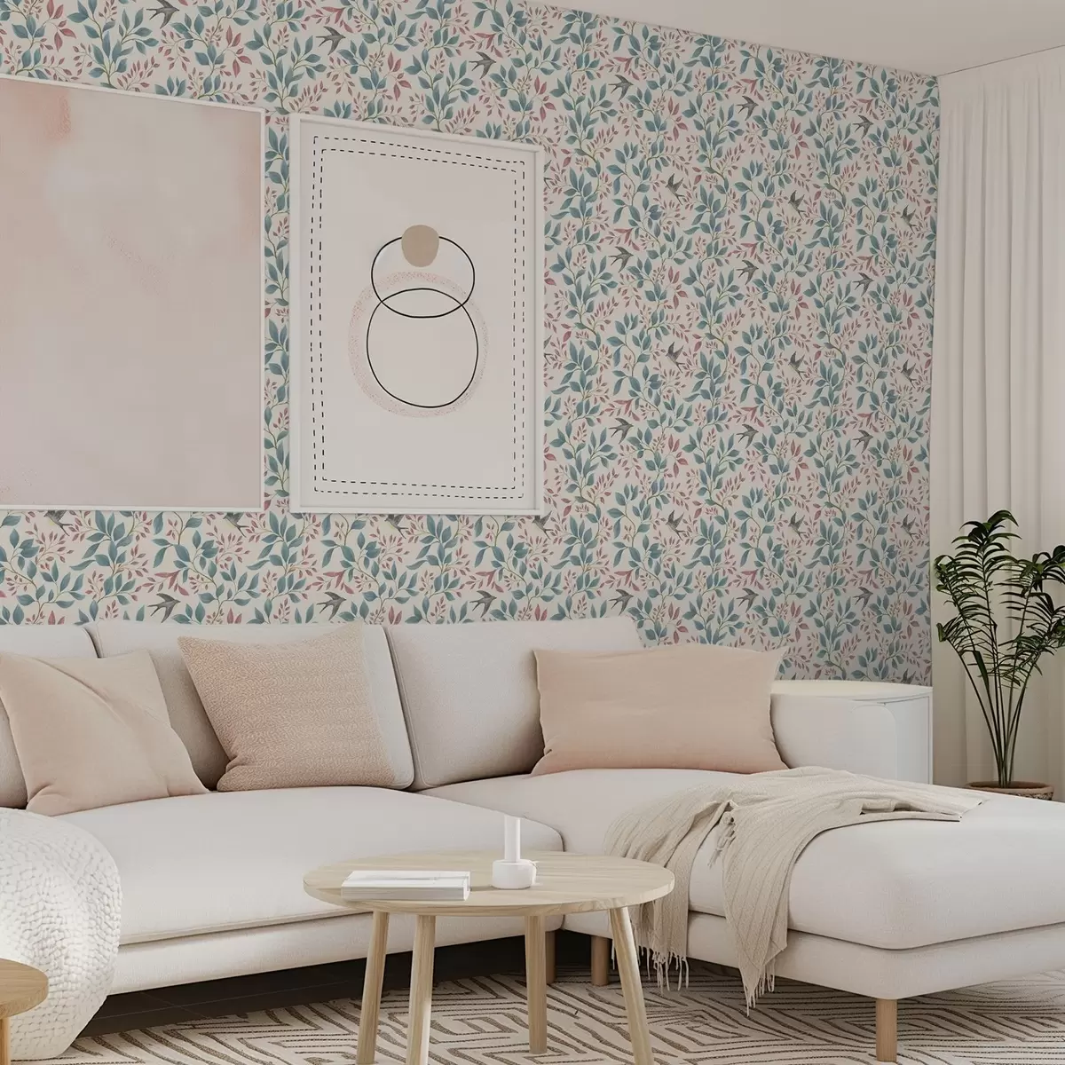 Bakgrunn Blå og rosa grener med fugler på kremfarget bakgrunn a00933