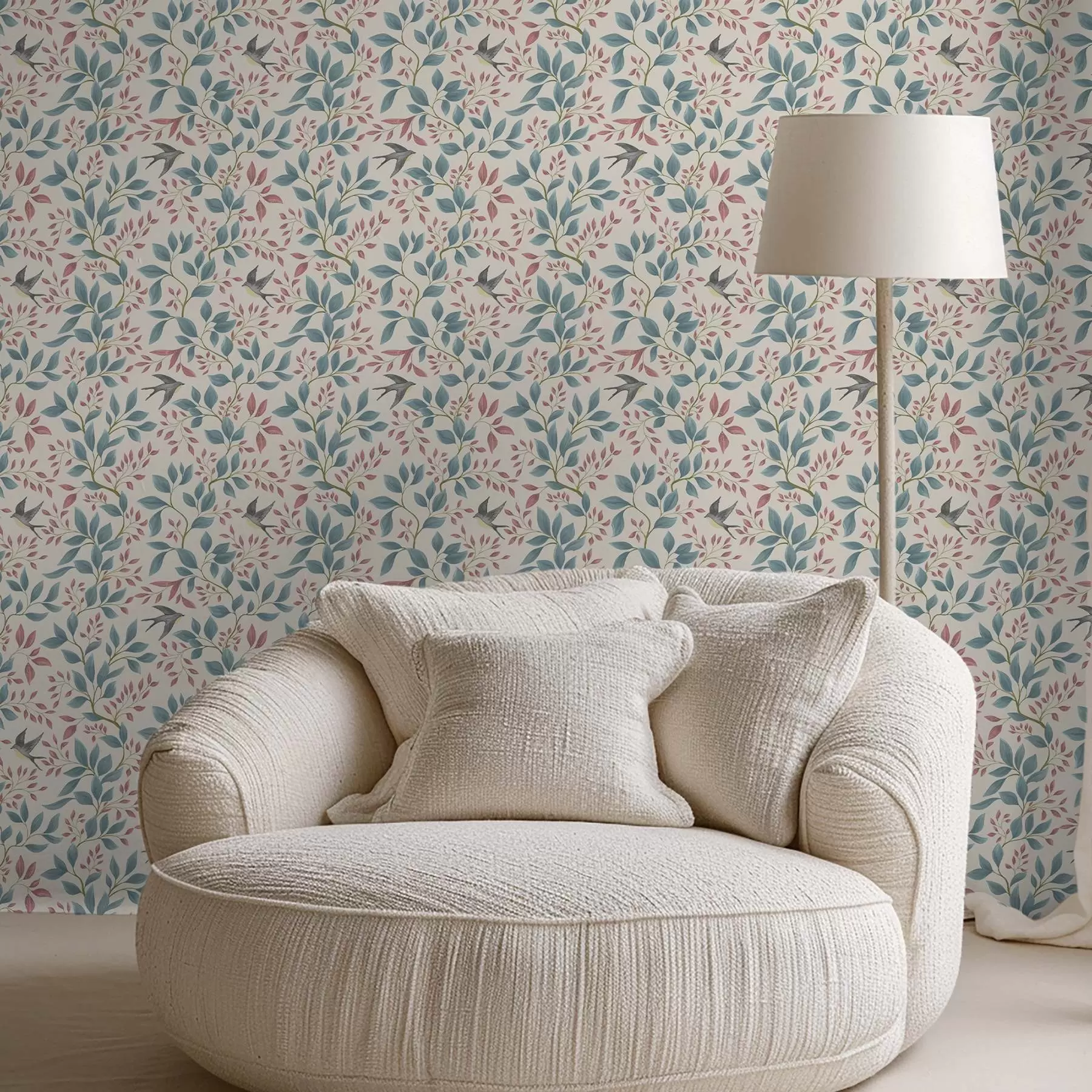 fototapeter Blå og rosa grener med fugler på kremfarget bakgrunn a00933