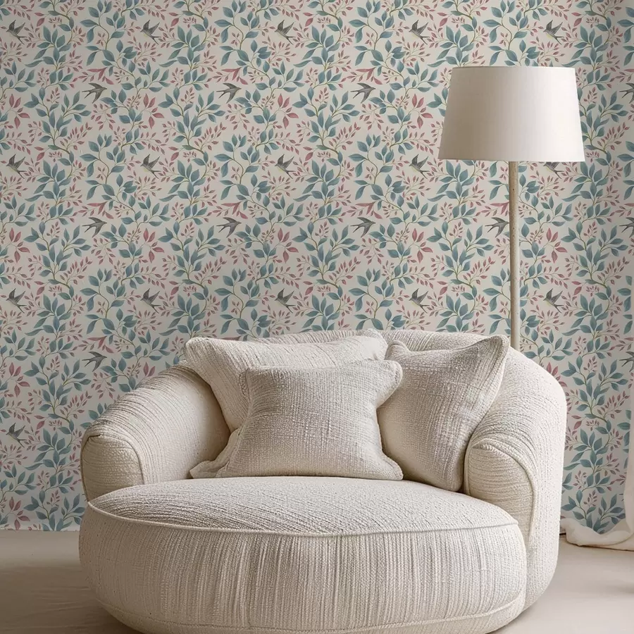 fototapeter Blå og rosa grener med fugler på kremfarget bakgrunn a00933