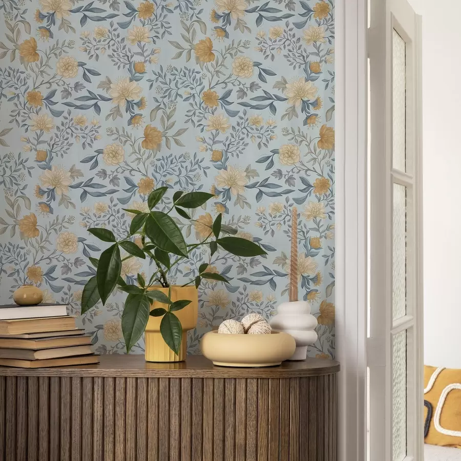 fototapeter Gule og blå blomster med blader på himmelblå bakgrunn a00934