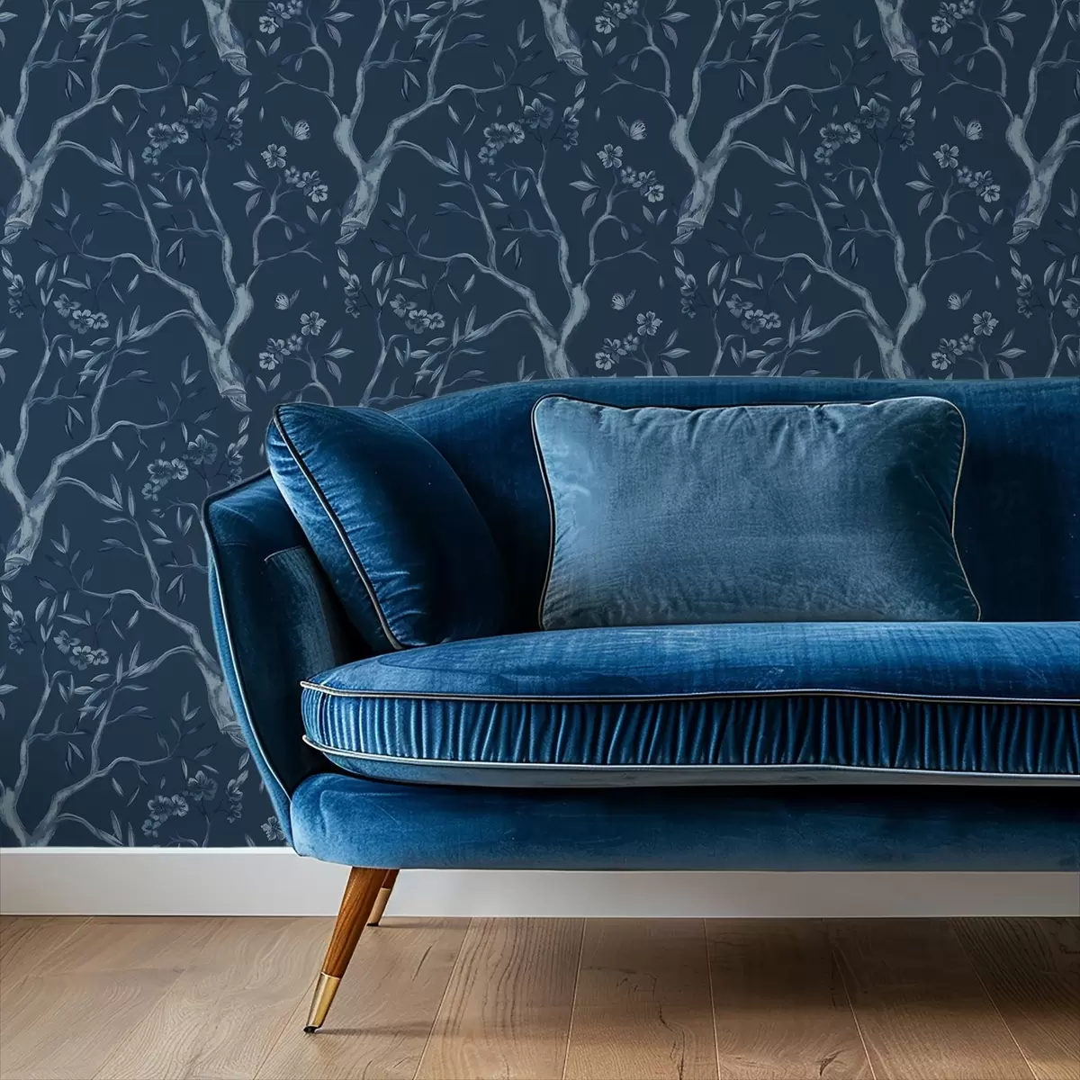 Bakgrunn Blå blomstrende grener med sommerfugler på mørk bakgrunn a00951v1