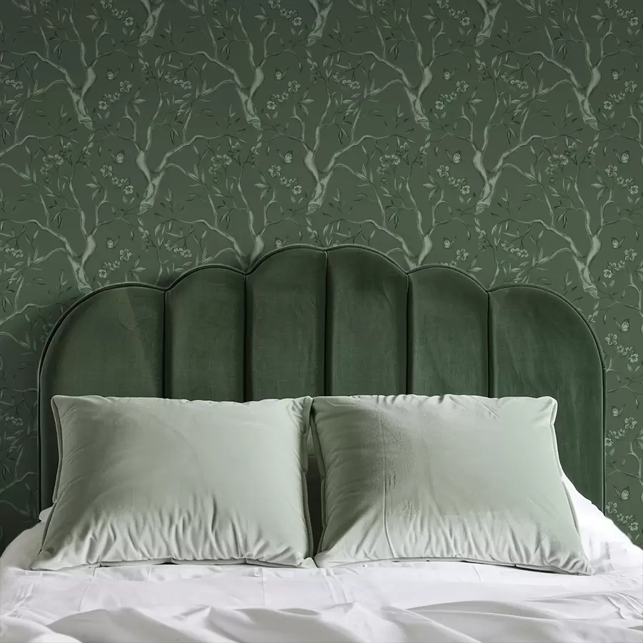 fototapeter Grønne blomstrende grener med sommerfugler på en mørk bakgrunn a00951v3