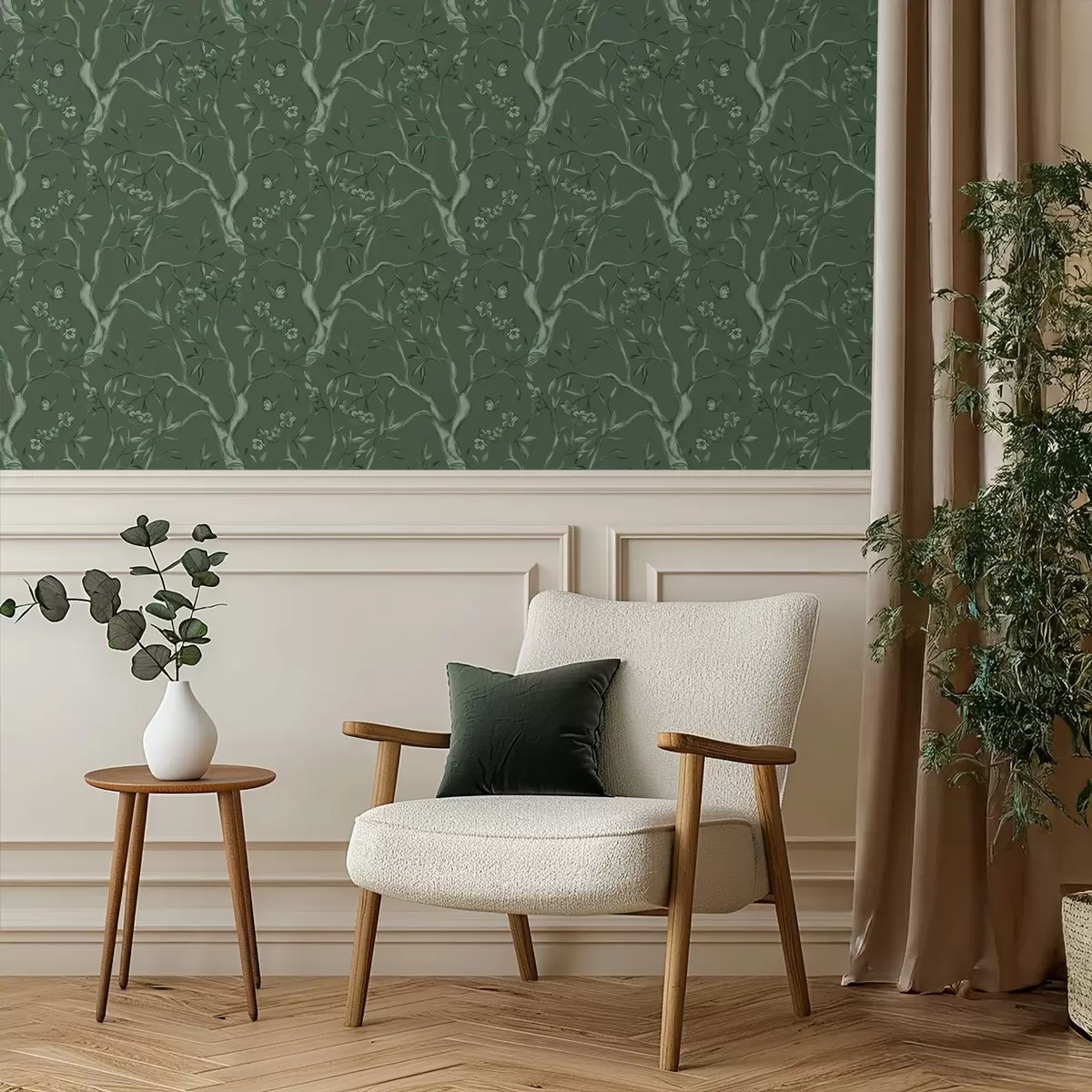 Bakgrunn Grønne blomstrende grener med sommerfugler på en mørk bakgrunn a00951v3