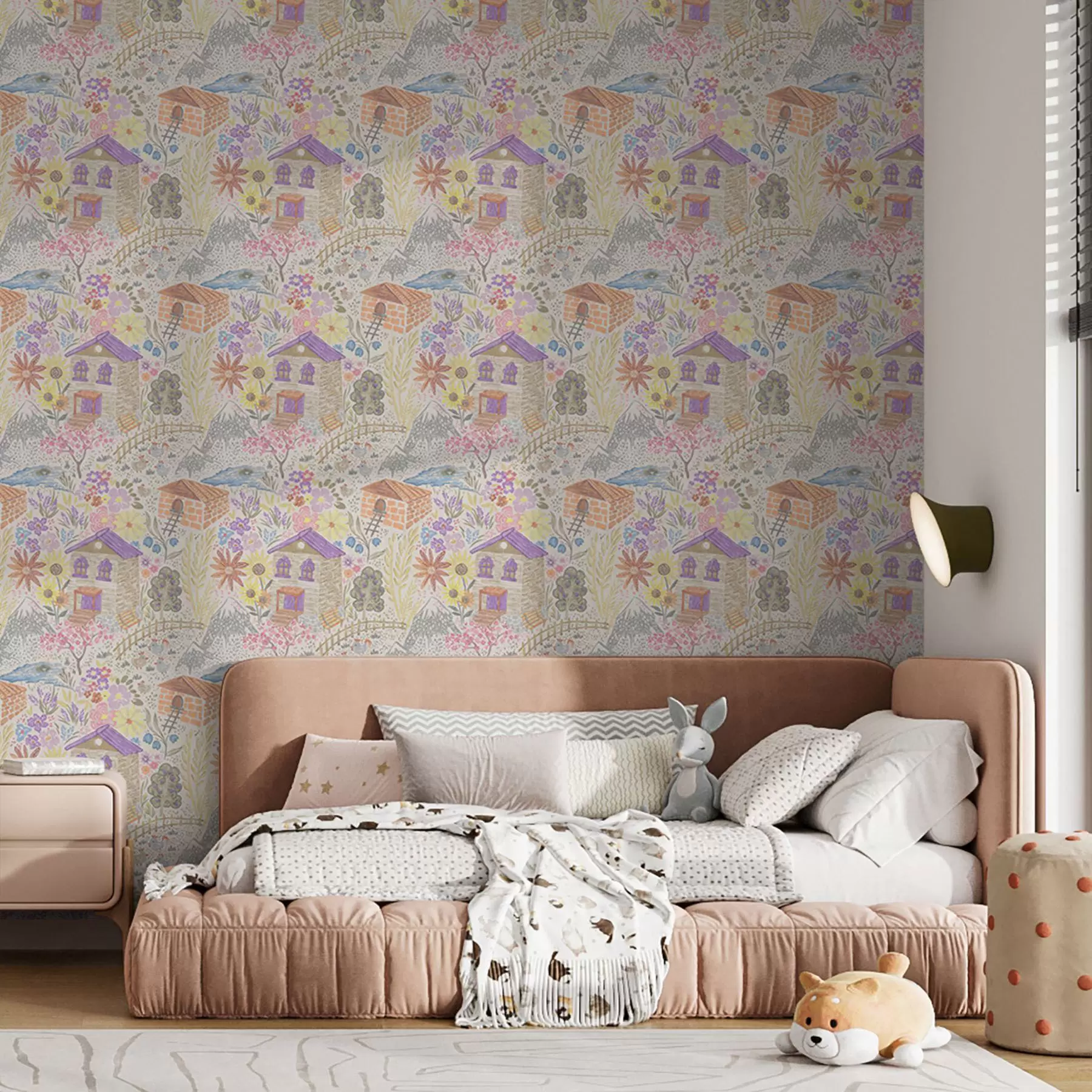 fototapeter Barnslig tegning av en landsby med et hus, fjell og blomster a00952