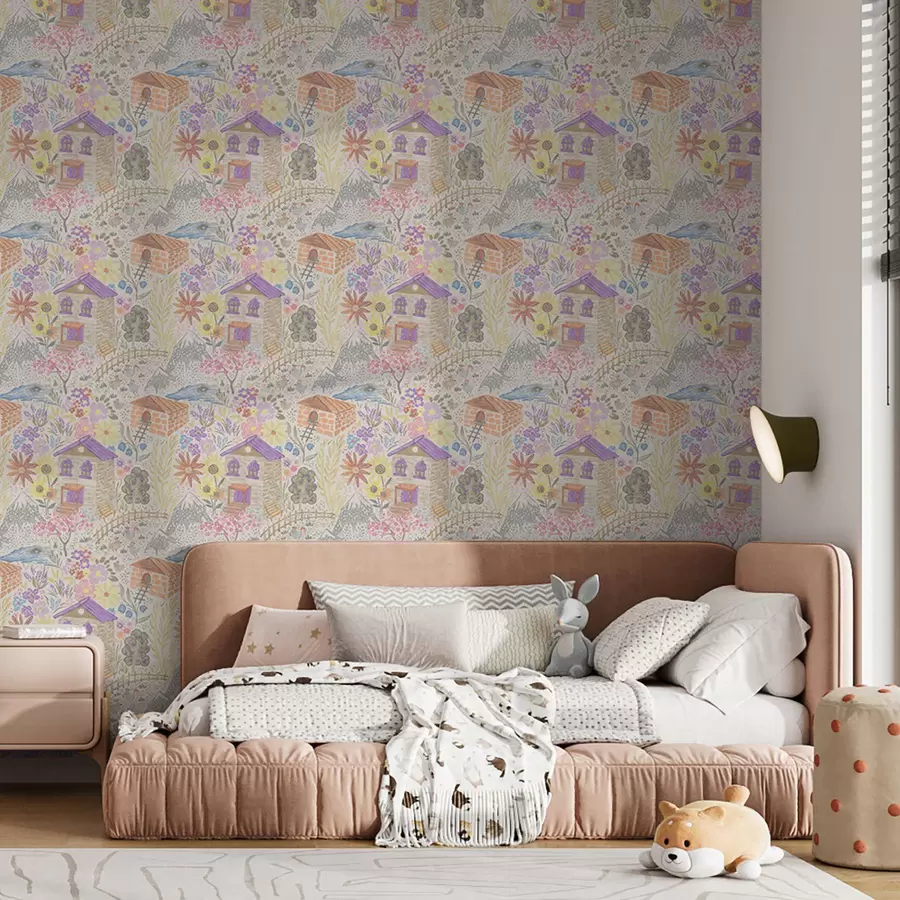 fototapeter Barnslig tegning av en landsby med et hus, fjell og blomster a00952