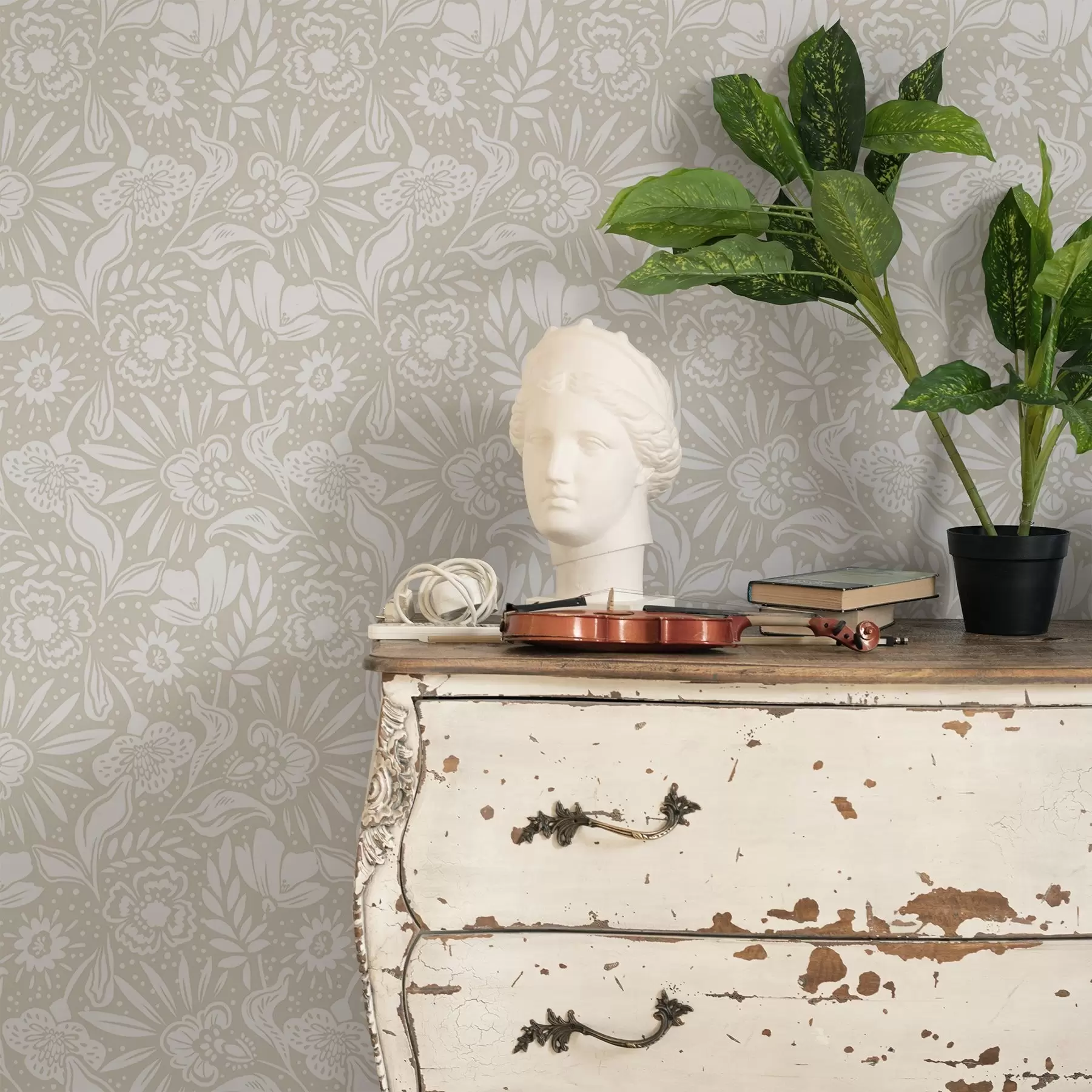 fototapeter Hvitt lineært blomsterornament på beige bakgrunn a00956