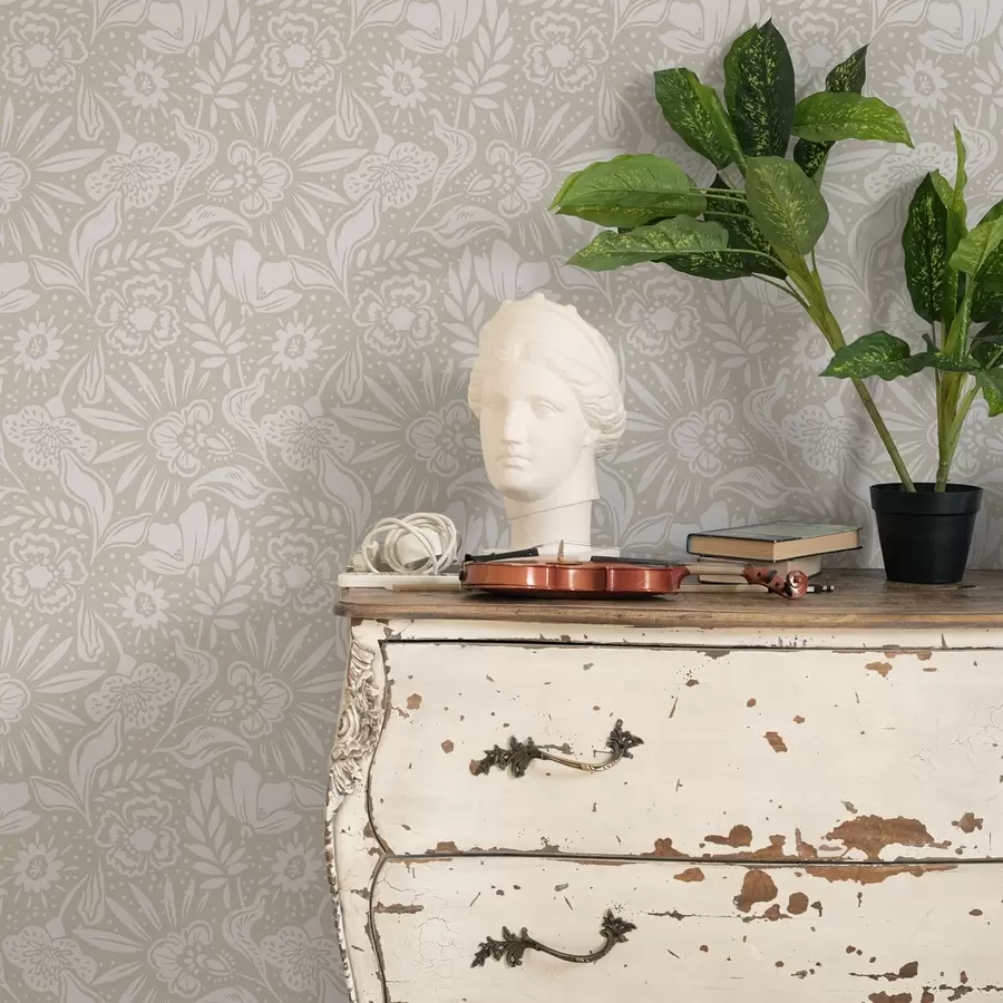 fototapeter Hvitt lineært blomsterornament på beige bakgrunn a00956