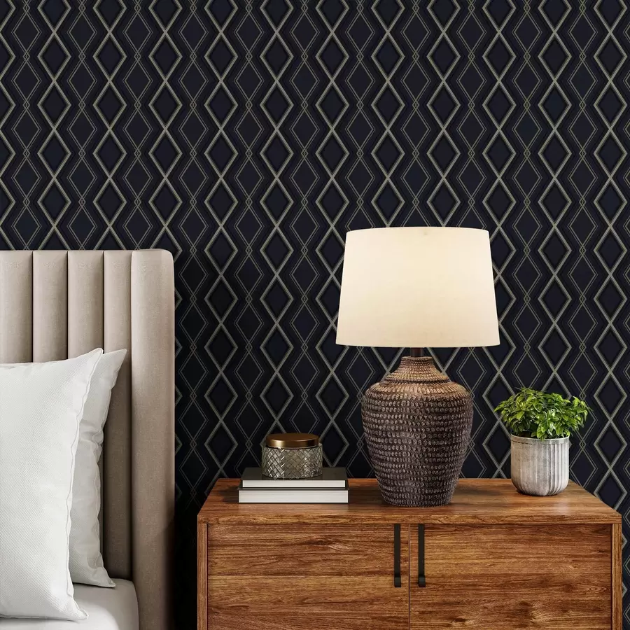 fototapeter Mørkeblå diamantrute med tynne lyse linjer a00975