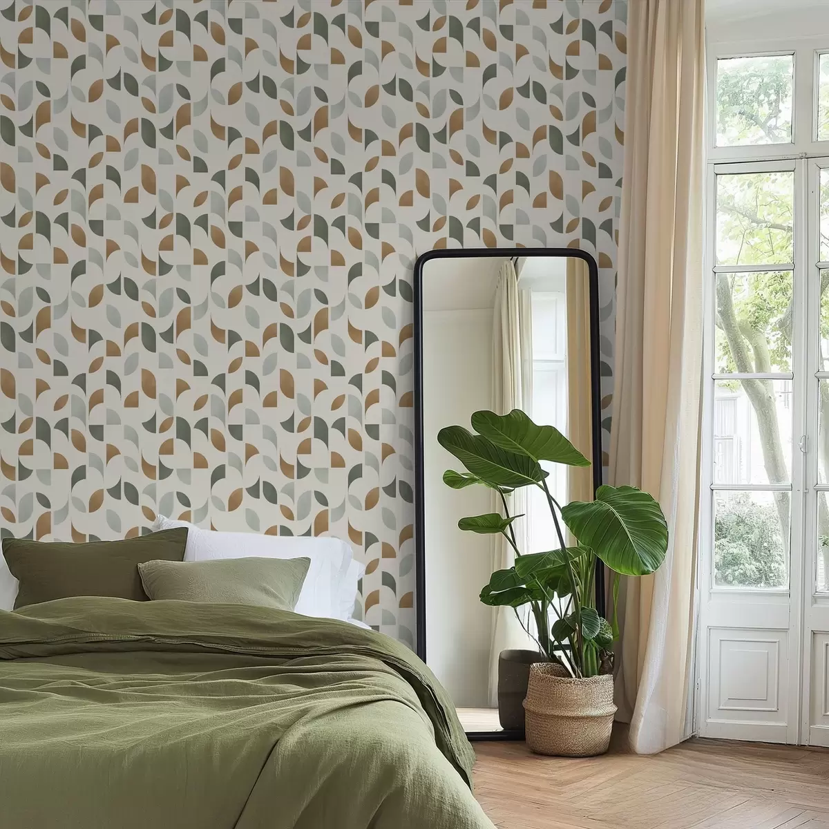 Bakgrunn Abstrakte halvsirkler og blader i grønt og terrakotta a00985