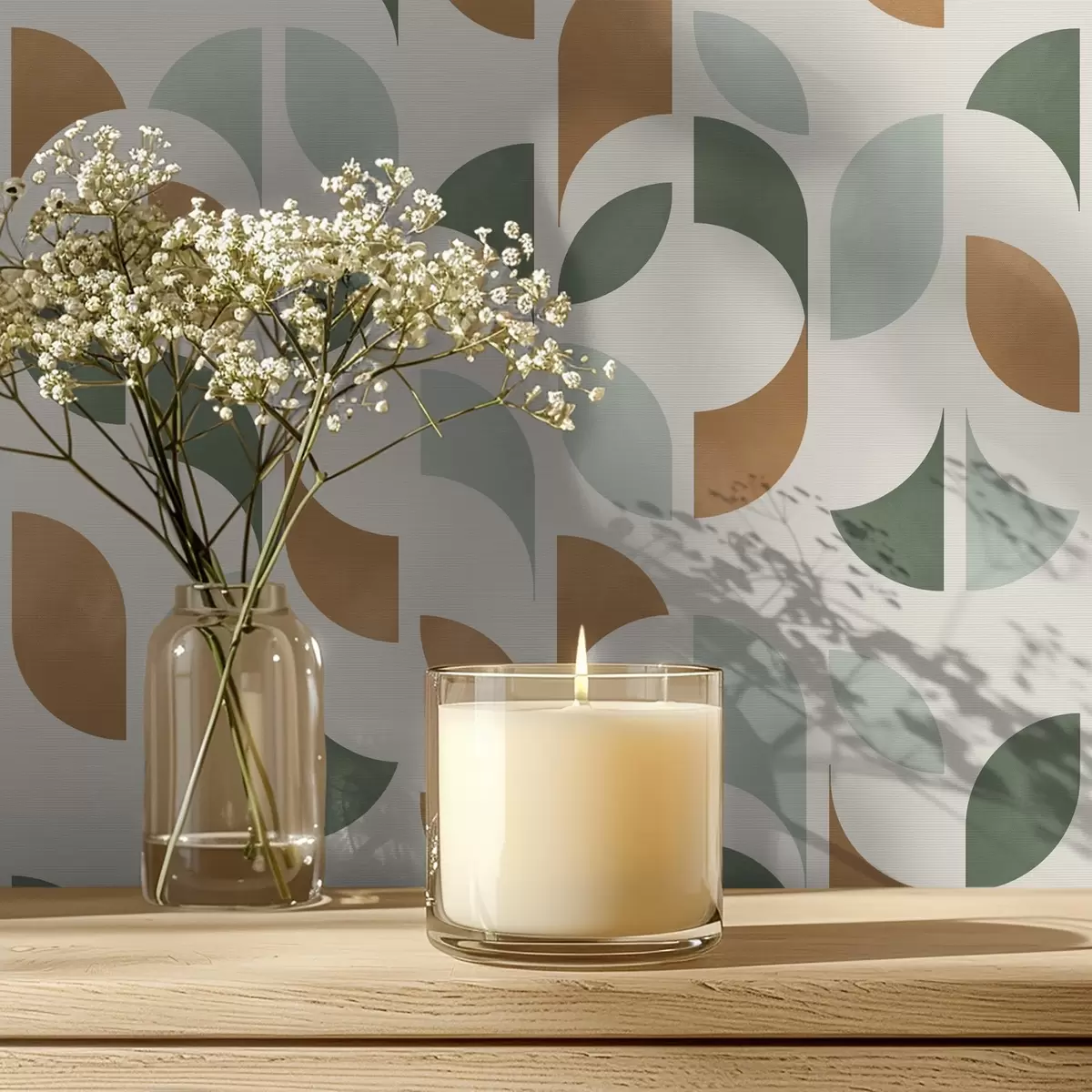 Bakgrunn Vertikale søyler av halvsirkler og blader, grønn terrakotta a00986