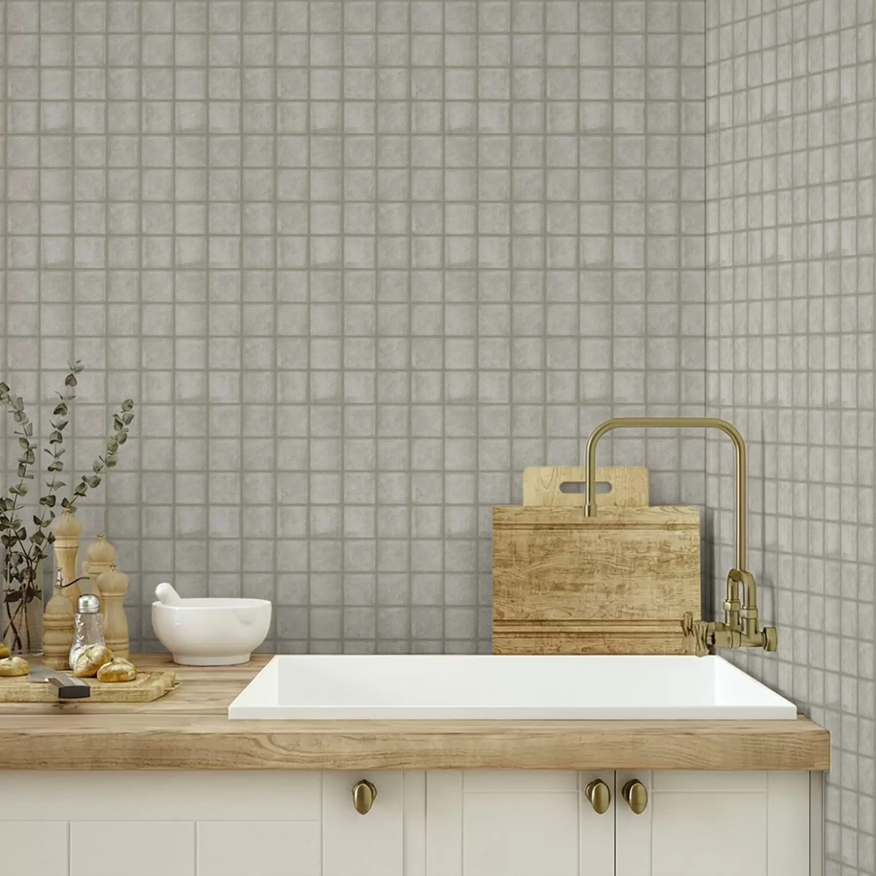 fototapeter Imitasjon av firkantede fliser i en myk grågrønn palett a00988