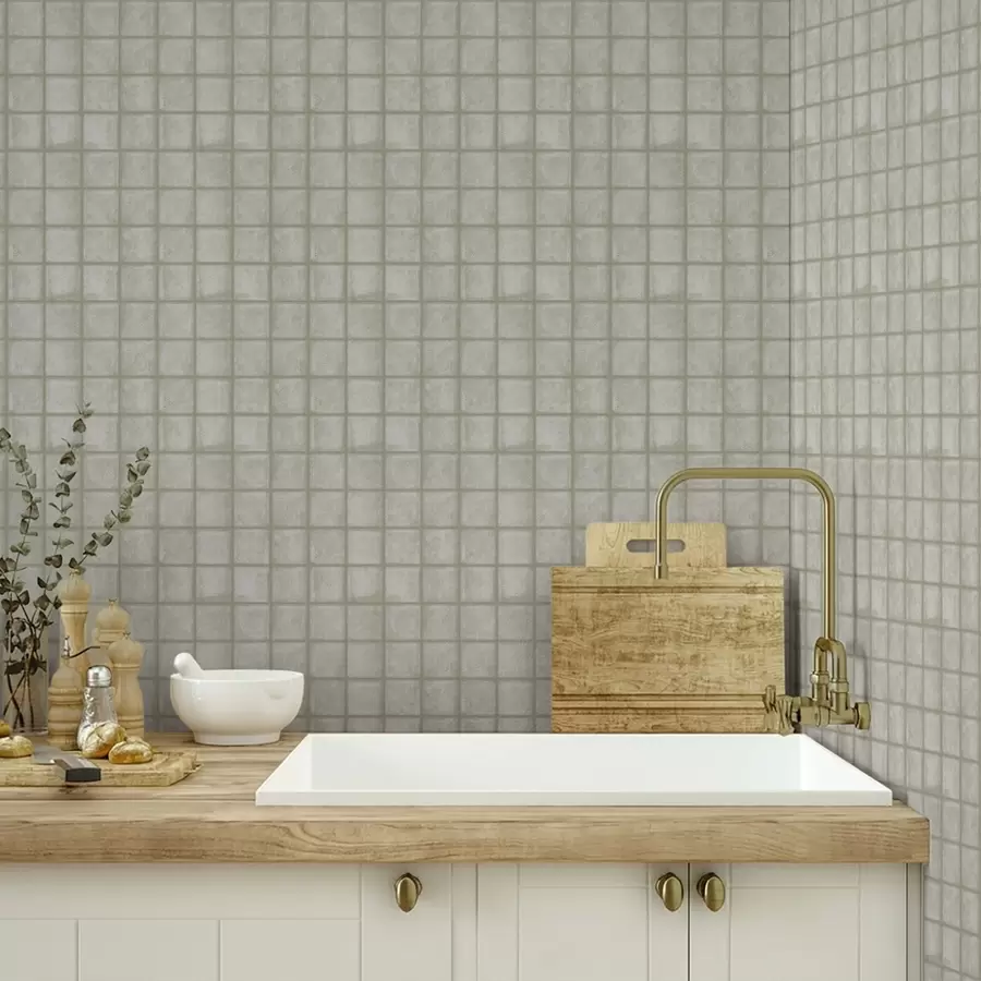 fototapeter Imitasjon av firkantede fliser i en myk grågrønn palett a00988