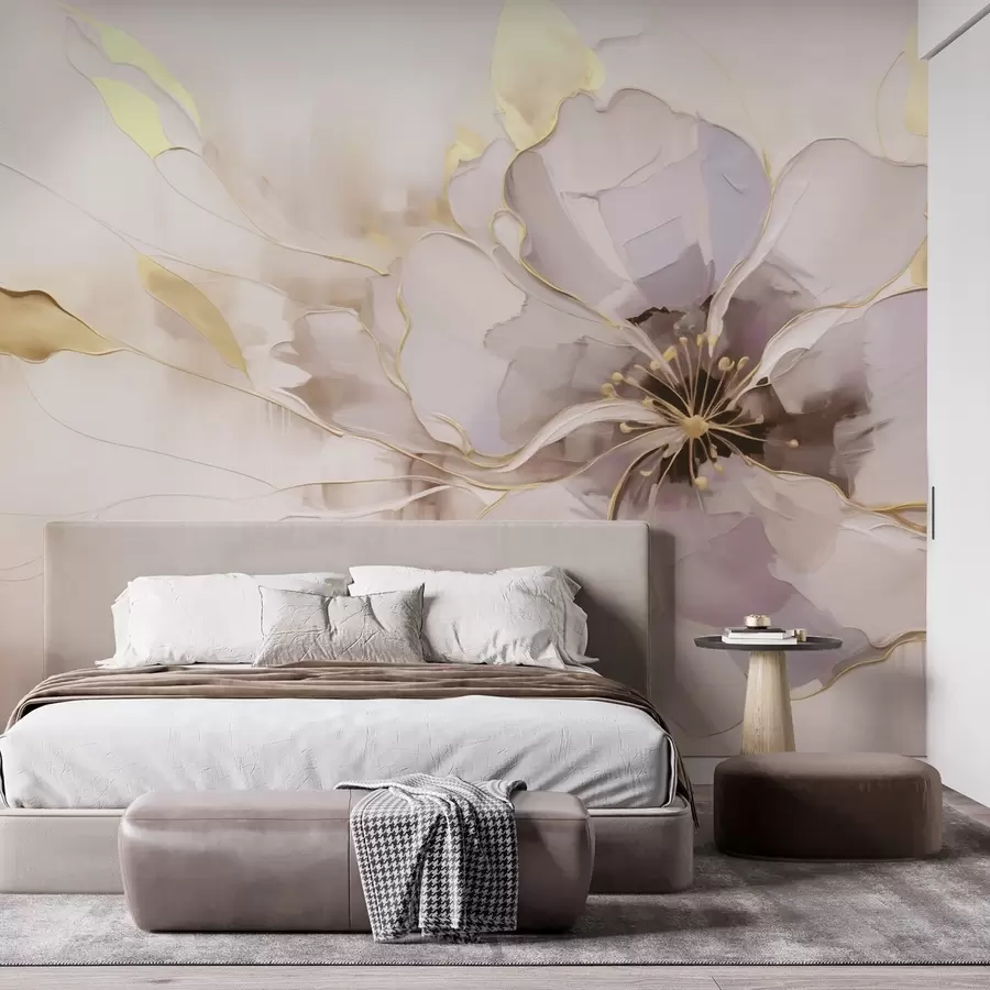 fototapeter Blå blomst med gule detaljer i en abstrakt penselstrøk-stil w09505