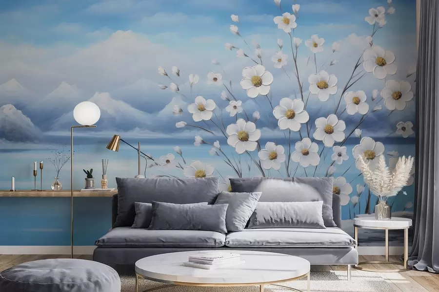 fototapeter Hvite vårblomster ved en islagt innsjø med snødekte fjell i oljemaleri-stil w09526