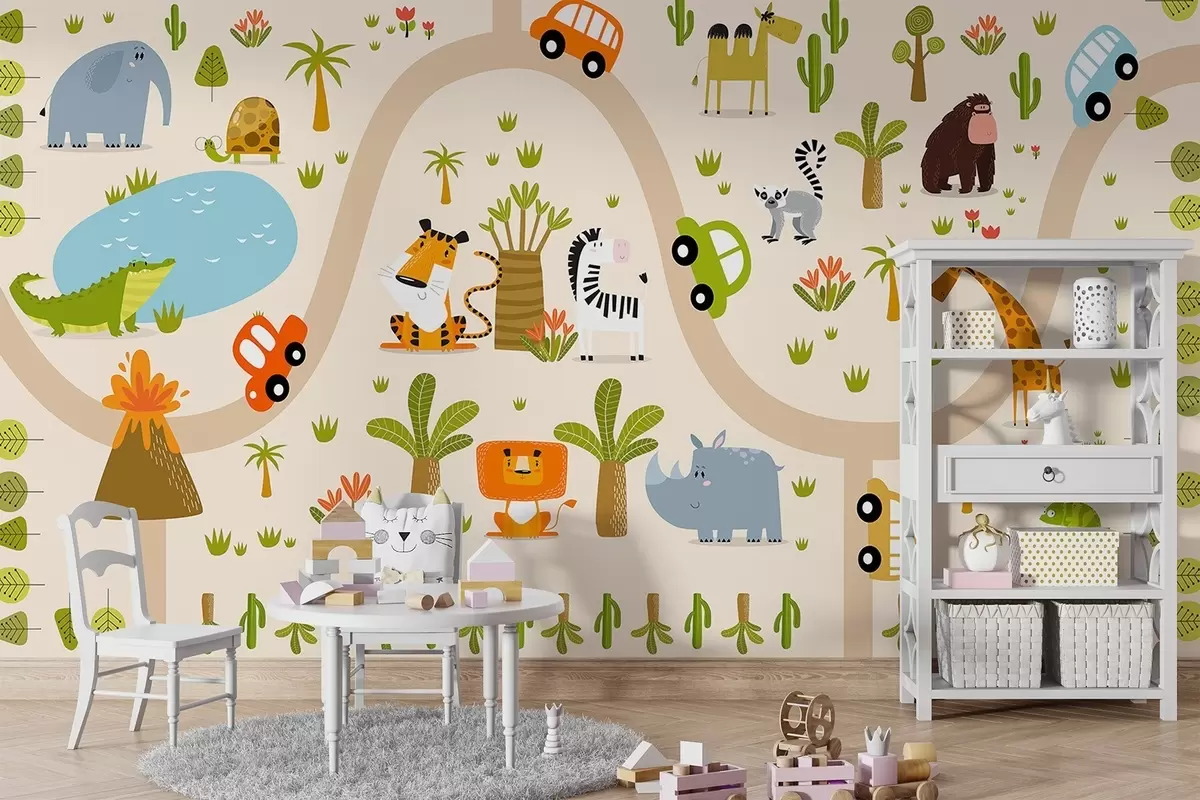 fototapeter Safari med dyr og biler w04931