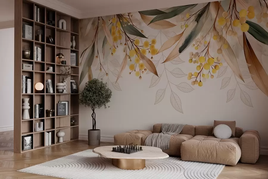 fototapeter blomster og blader av mimosa som faller ned fra oven i akvarellstil w04880