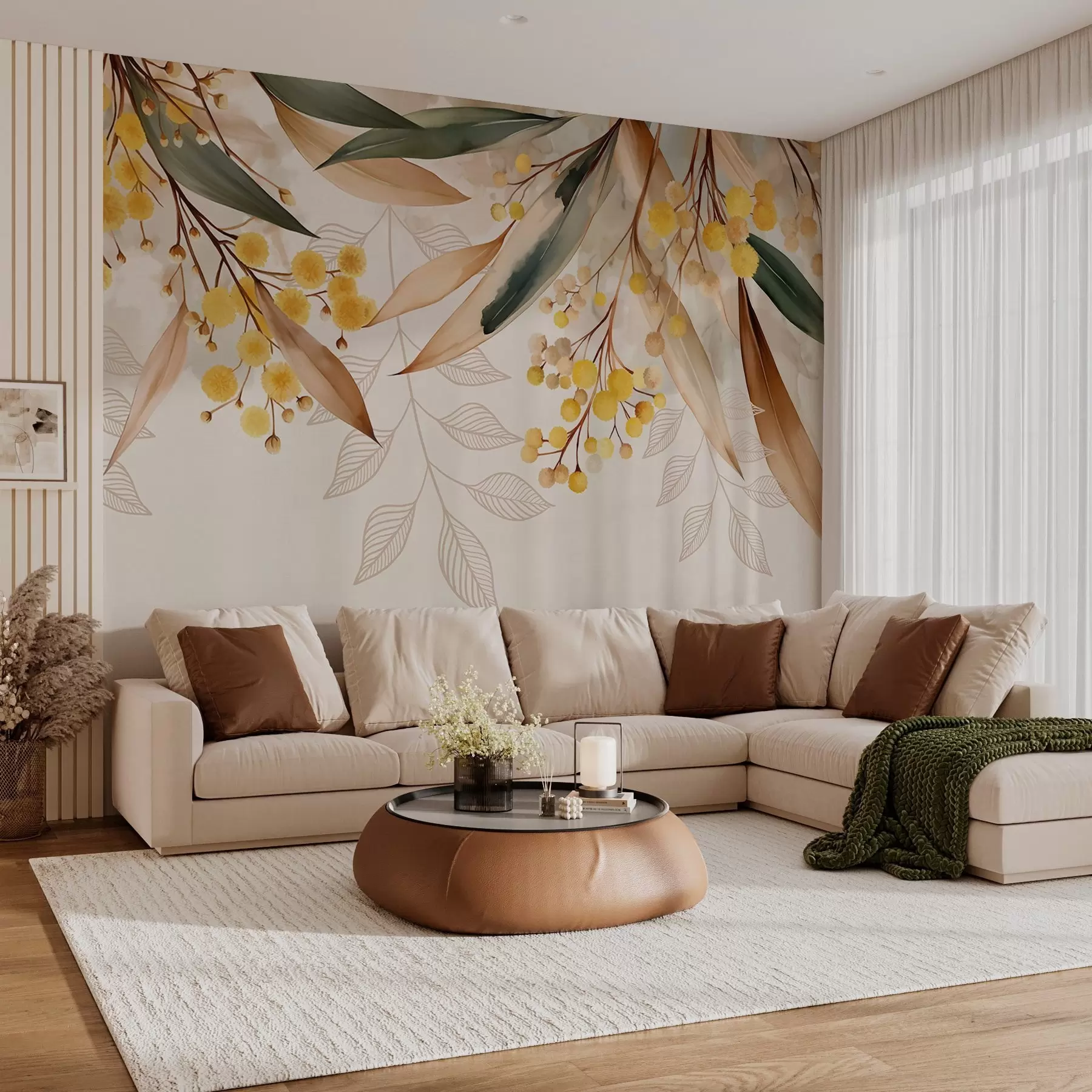 fototapeter blomster og blader av mimosa som faller ned fra oven i akvarellstil w04880