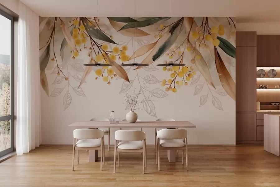 fototapeter blomster og blader av mimosa som faller ned fra oven i akvarellstil w04880